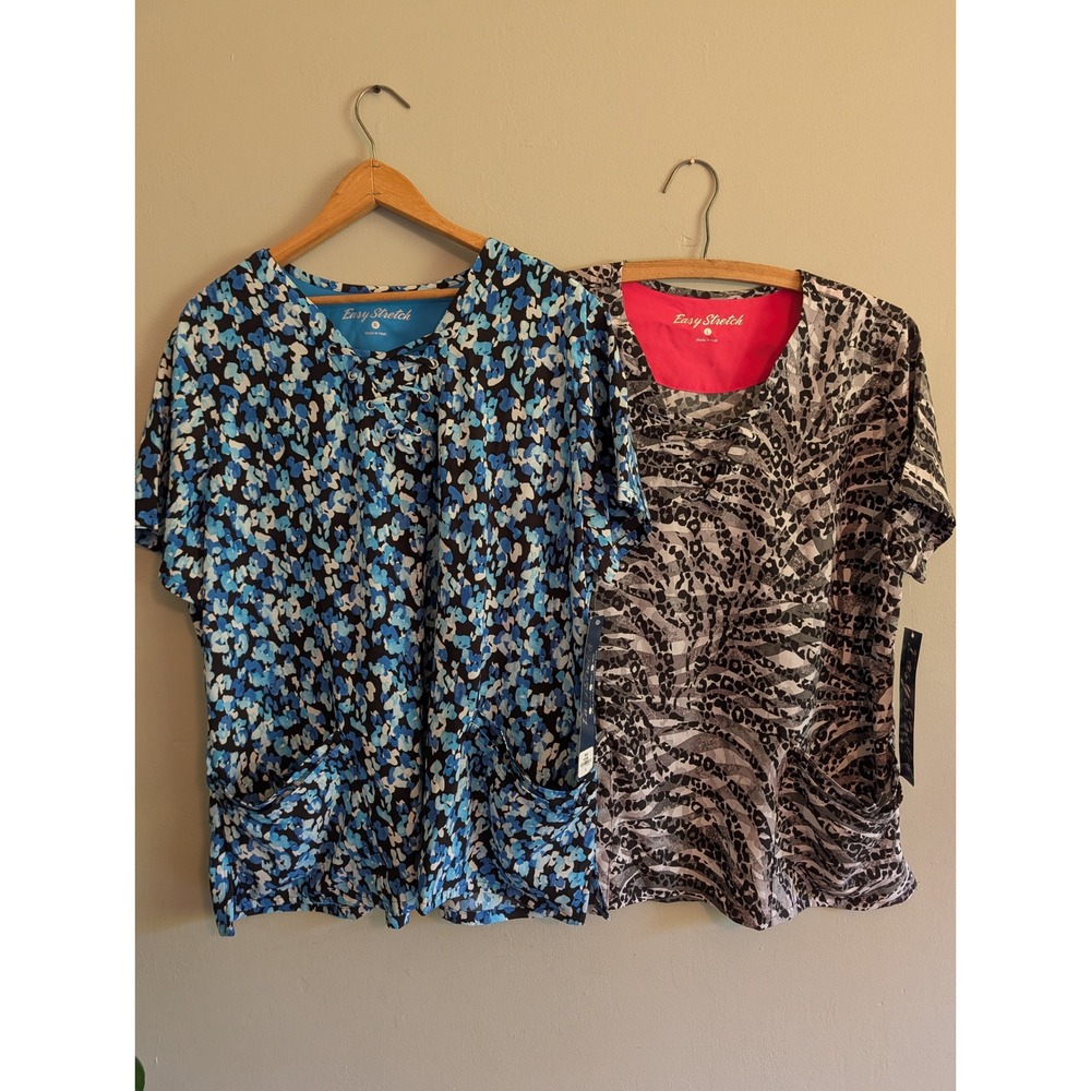 Lot of 2 Easy Stretch by Butter-Soft Scrub Tops Lace Up Neck Floral Animal Print